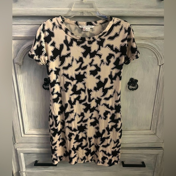 Diane Von Furstenberg Black & Cream Print Beth Vintage Silk‎ Shirt Dress - Picture 1 of 8